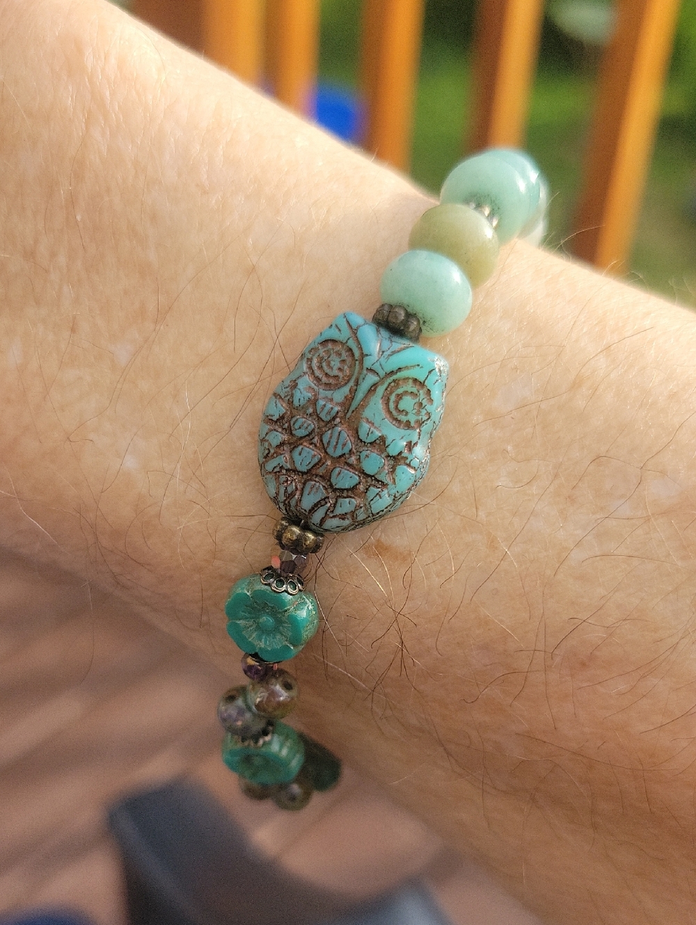 Czech Glass Owl, Flowers, and Rondelle Shaped Amazonite Bead Handmade Bracelet